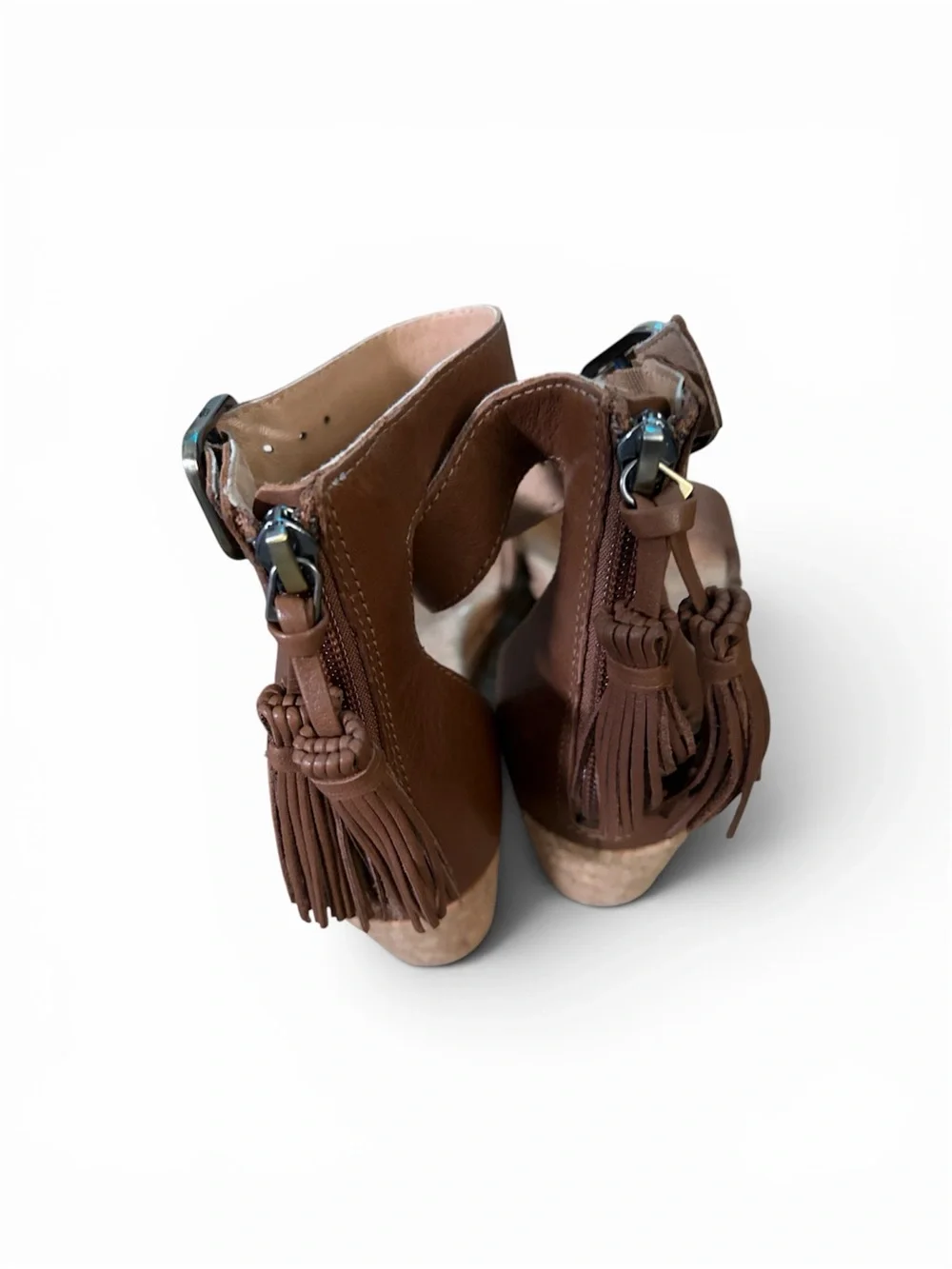 UGG Zoe Cork Brown Leather Cork Wedge Sandals with Tassel - Picture 5 of 6